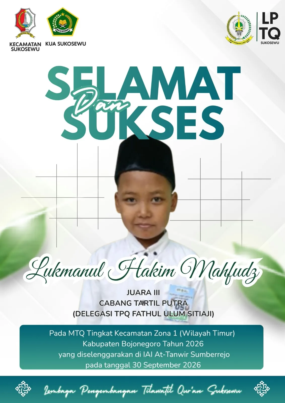 Lukmanul Hakim Mahfudz Raih Juara III Cabang Tartil Putra