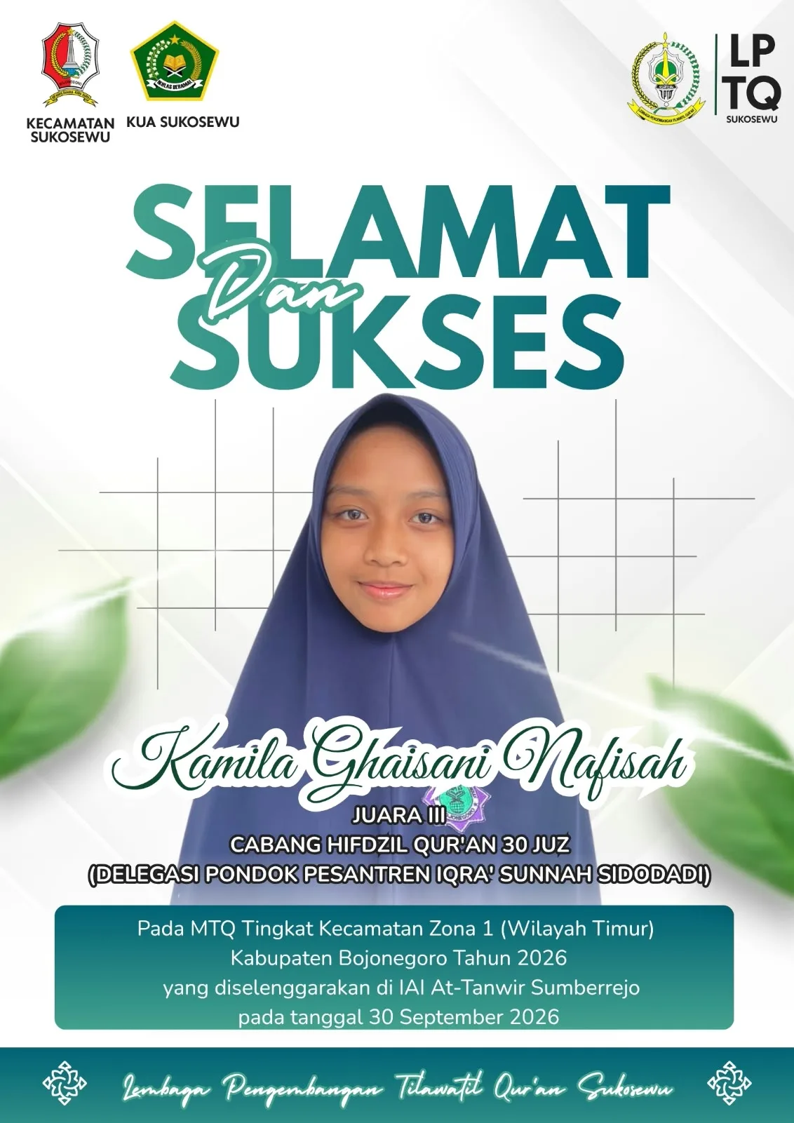 Kamila Ghaisani Nafisah Raih Juara III Cabang Hifdzil Qur’an 30 Juz